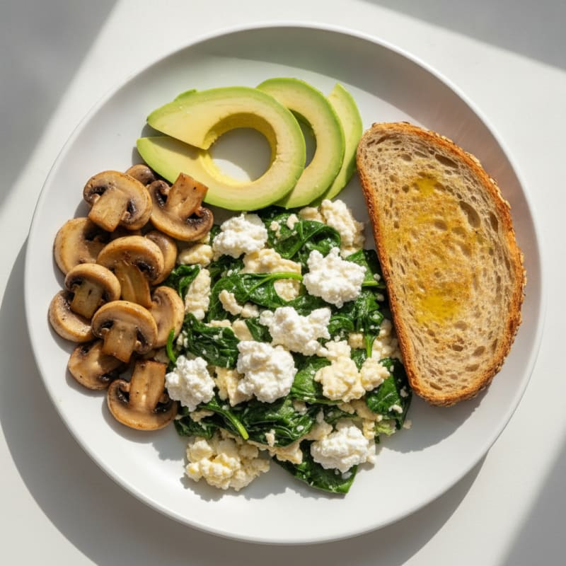 Egg White Spinach Scramble with Cottage Cheese and Sautéed Mushrooms
