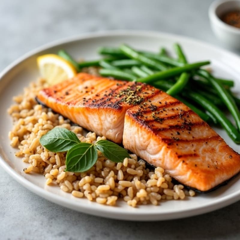 Seared Salmon with Steamed Green Beans and Brown Rice
