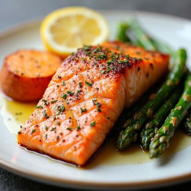 Seared Salmon with Roasted Sweet Potato and Asparagus