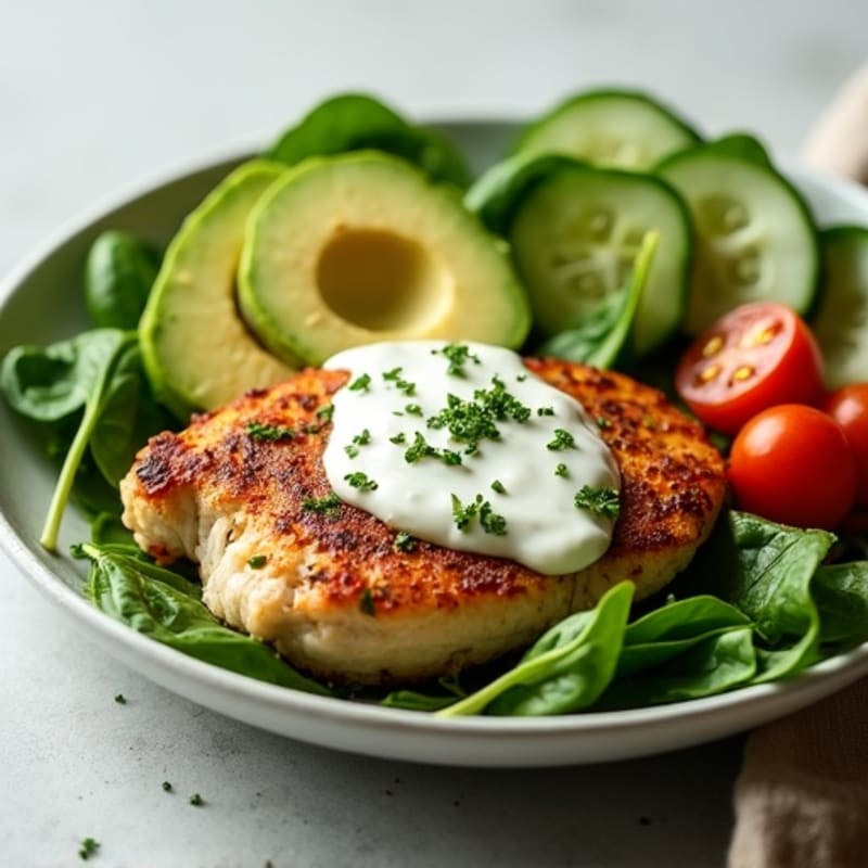 Pan-Seared Chicken with Creamy Avocado Greek Yogurt Sauce and Fresh Vegetables