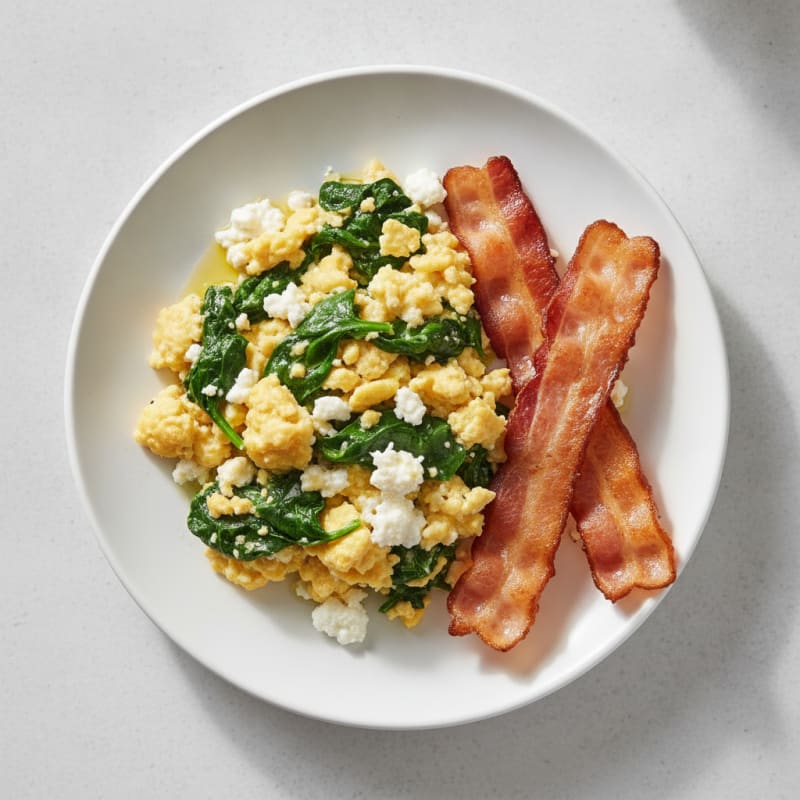 Cottage Cheese Egg Scramble with Spinach and Turkey Bacon