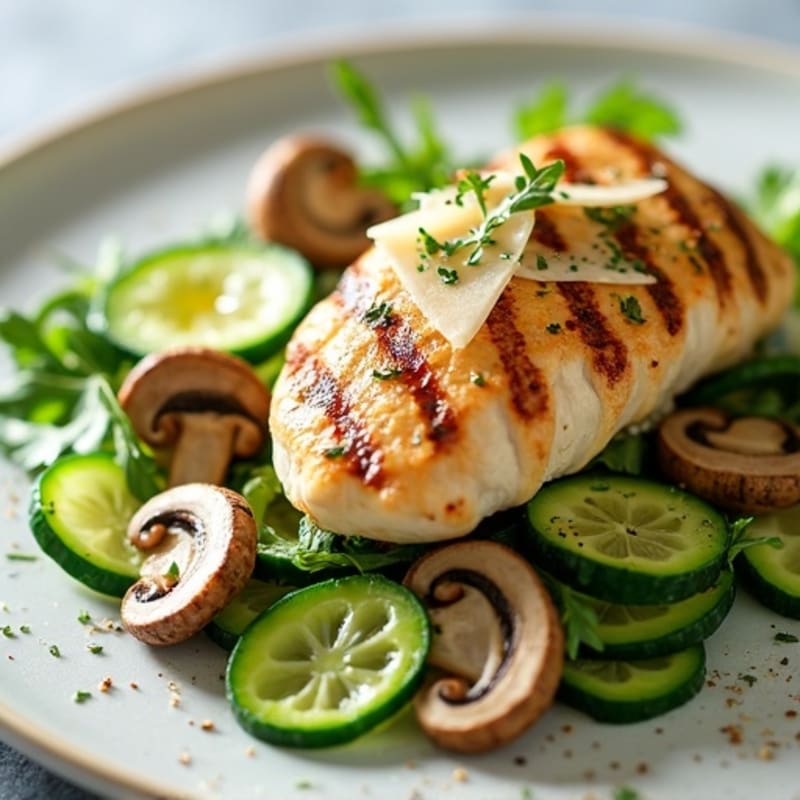 Grilled Chicken and Cucumber Salad with Mushrooms and Raw Parmesan
