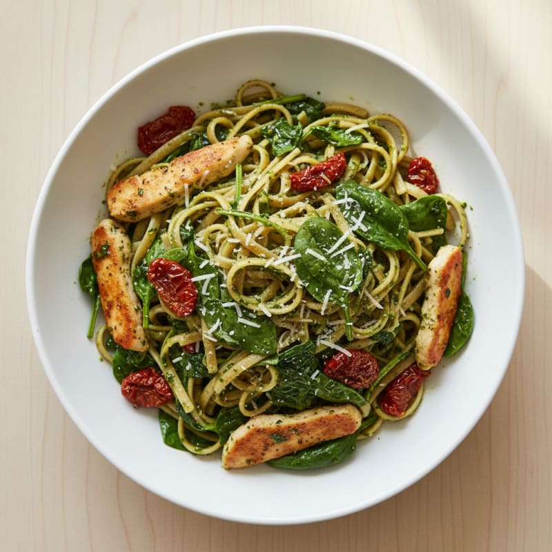 Pesto Chicken Linguine with Sun-Dried Tomatoes
