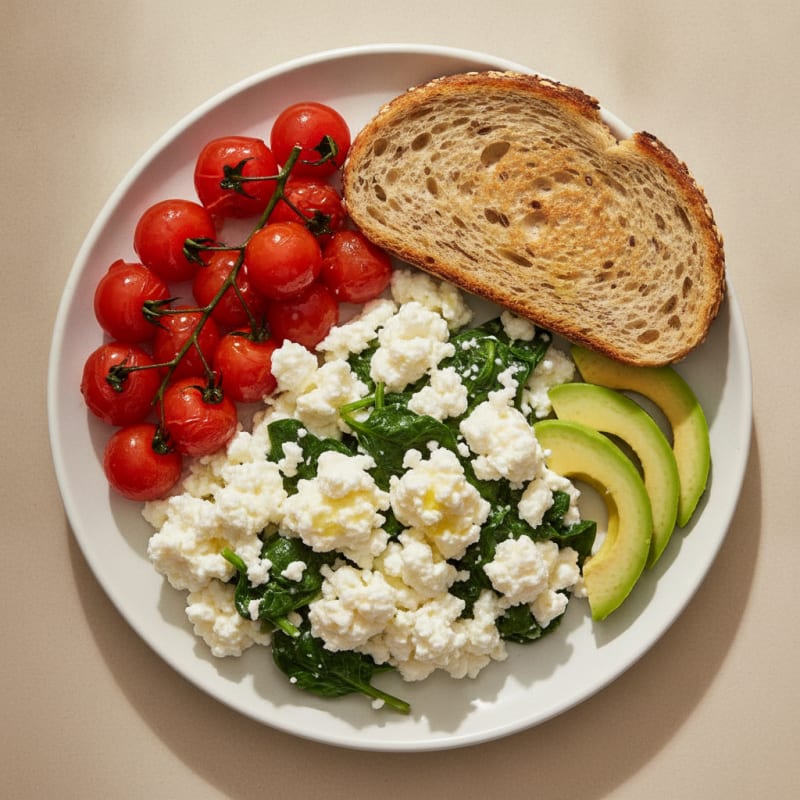Egg White and Spinach Scramble with Cottage Cheese and Cherry Tomatoes