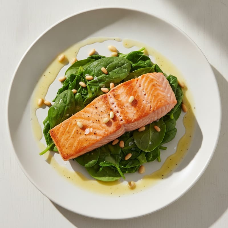 Seared Salmon with Steamed Greens and Lemon Olive Oil Drizzle