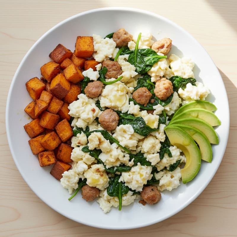 Egg White Scramble with Turkey Sausage and Spinach