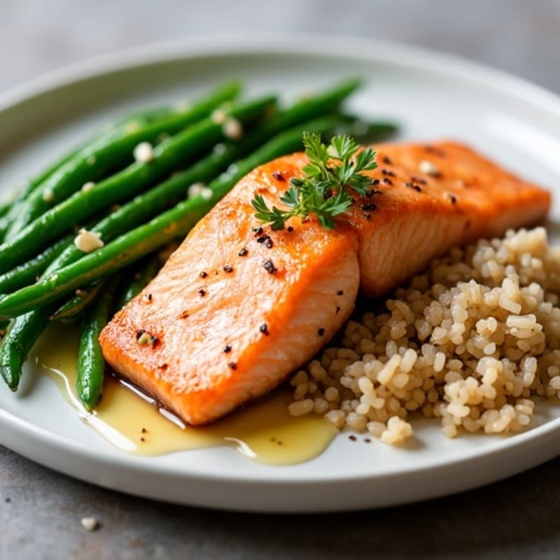 Seared Salmon with Garlic Green Beans and Brown Rice