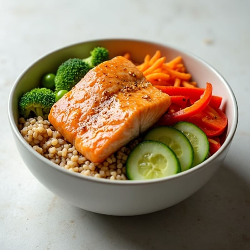 Seared Salmon and Crunchy Vegetable Rice Bowl with Tangy Sesame Dressing