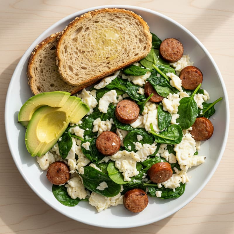 Egg White and Spinach Scramble with Turkey Sausage