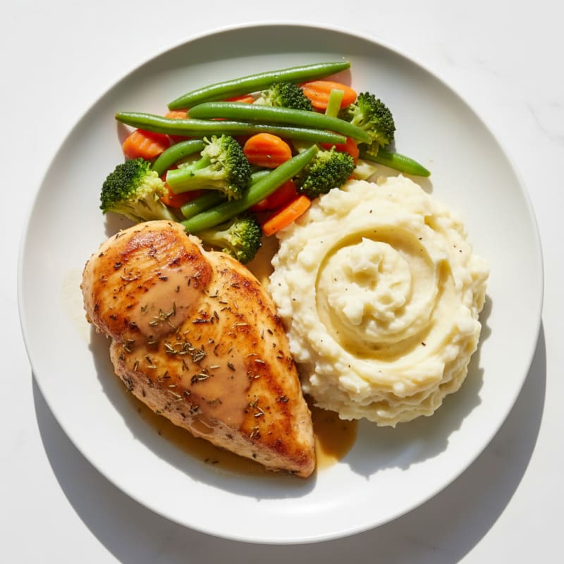 Herb-Roasted Chicken Breast with Mashed Potatoes and Mixed Vegetables