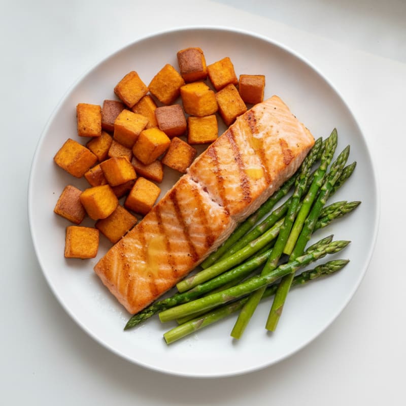 Seared Salmon with Roasted Sweet Potato and Asparagus