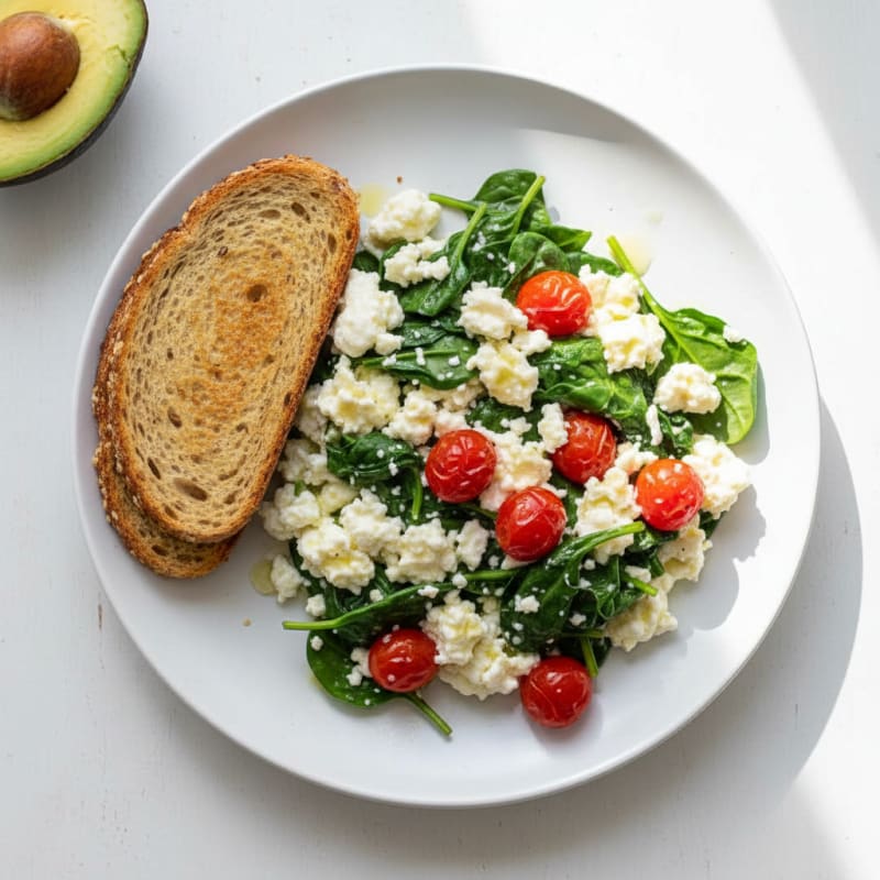 Cottage Cheese Egg White Scramble with Sautéed Spinach and Cherry Tomatoes