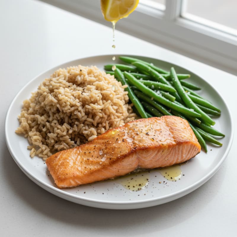 Seared Salmon with Steamed Green Beans and Brown Rice