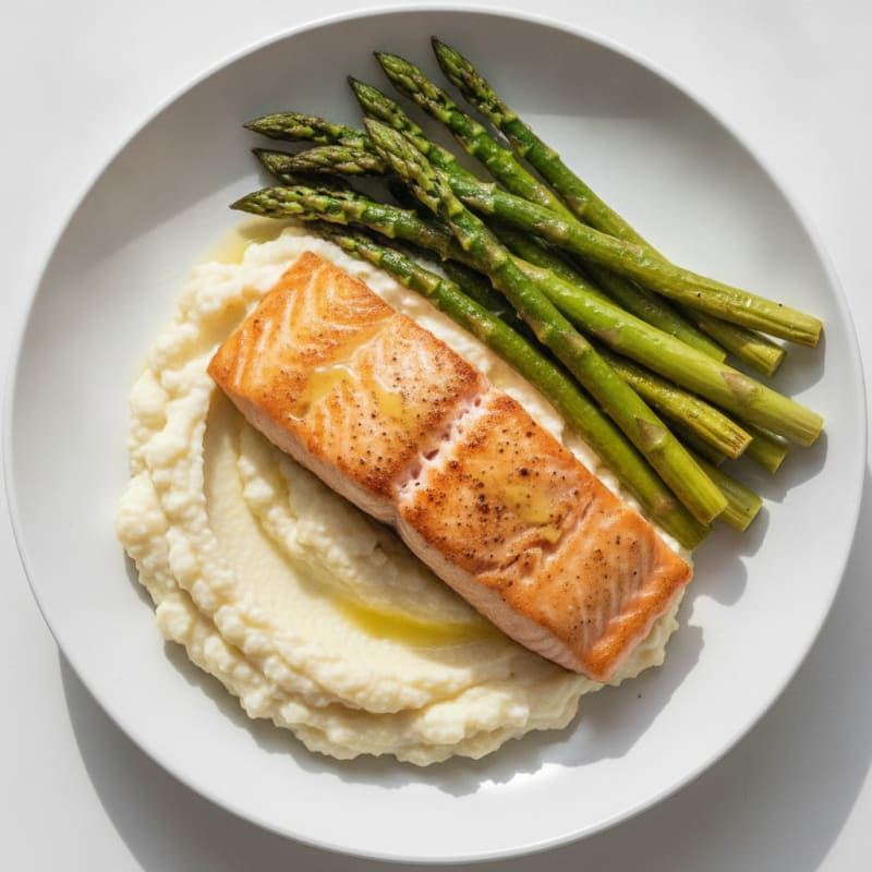 Seared Salmon with Roasted Asparagus and Cauliflower Mash