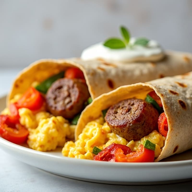 Creamy Scrambled Egg and Lean Turkey Sausage Breakfast Burrito with Crispy Roasted Vegetables