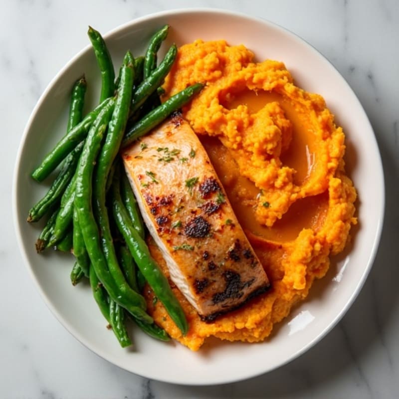 Seared Salmon with Steamed Green Beans and Sweet Potato Mash