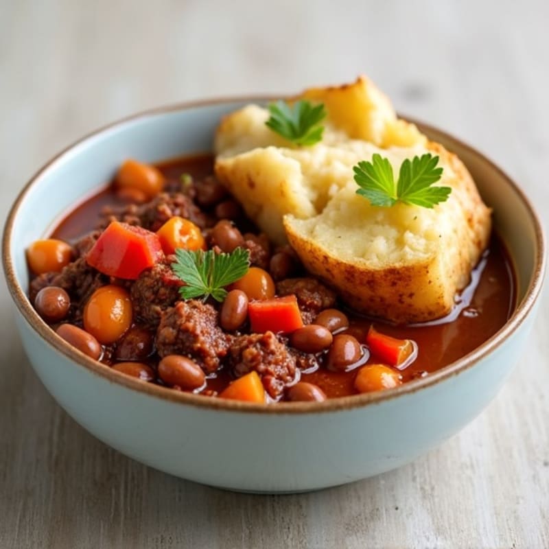 Hearty Lean Beef Chili with Fluffy Baked Potatoes