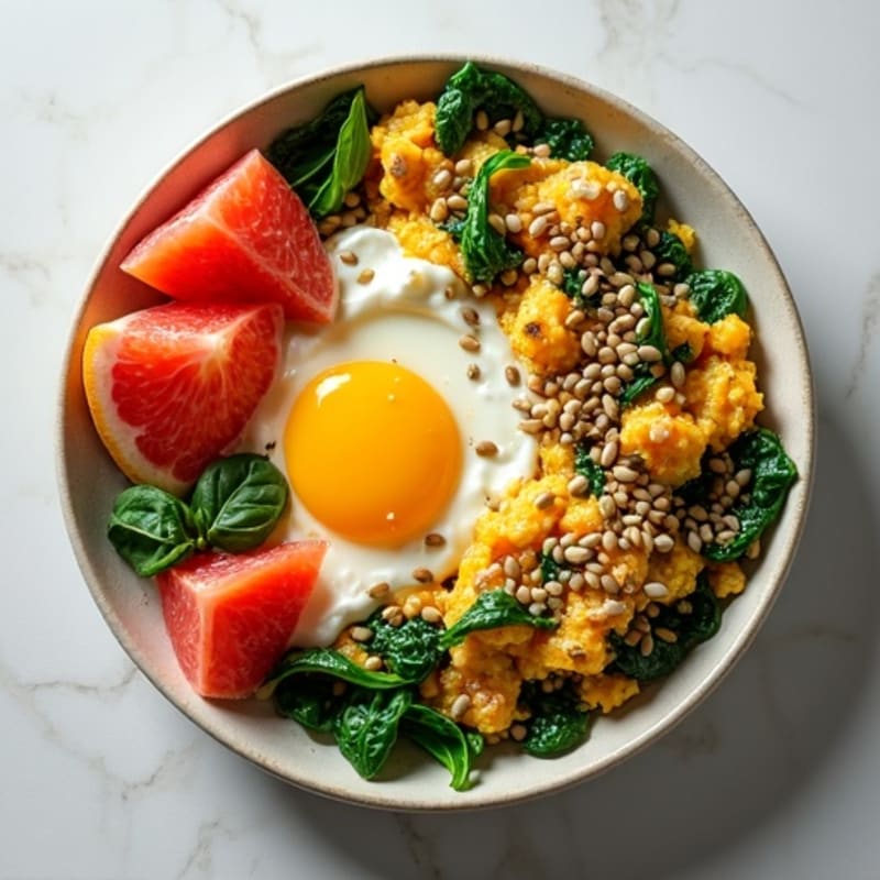Egg and Spinach Scramble with Roasted Peppers, Fresh Fruit, and Crunchy Seeds