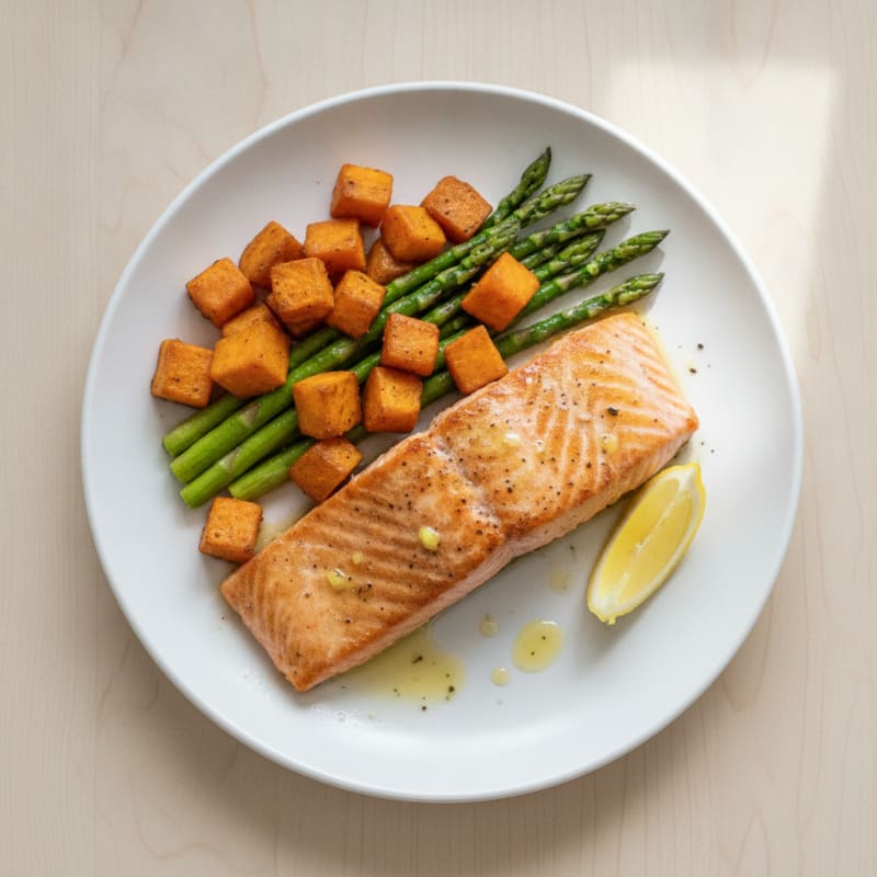 Seared Salmon Fillet with Roasted Sweet Potatoes and Asparagus