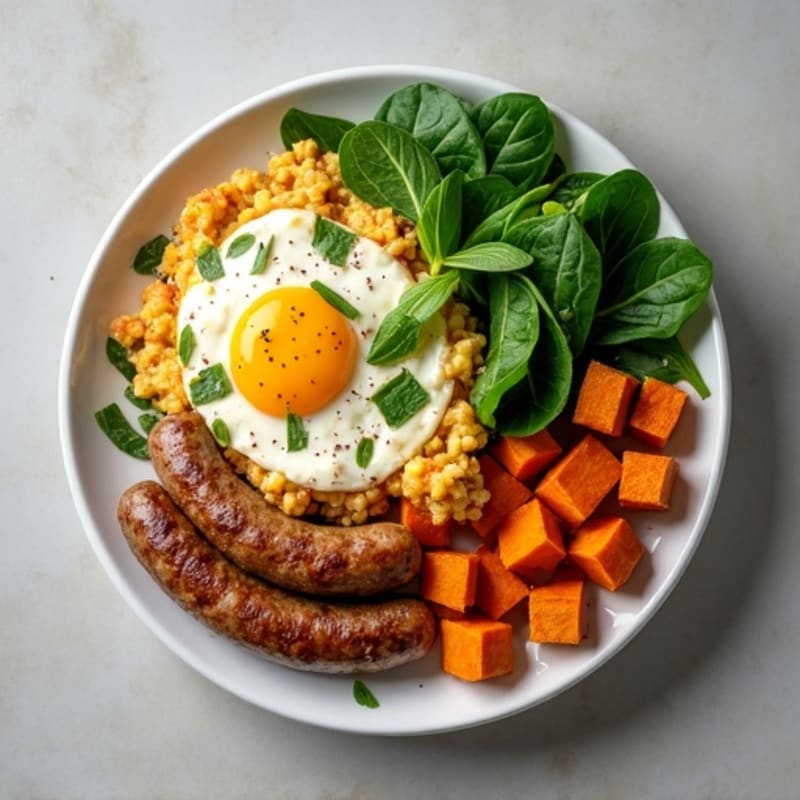 Egg White and Turkey Sausage Scramble with Spinach and Roasted Sweet Potato