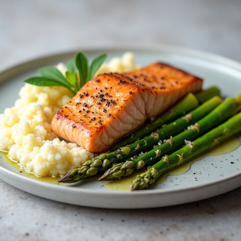 Seared Salmon Fillet with Steamed Asparagus and Garlic Cauliflower Mash