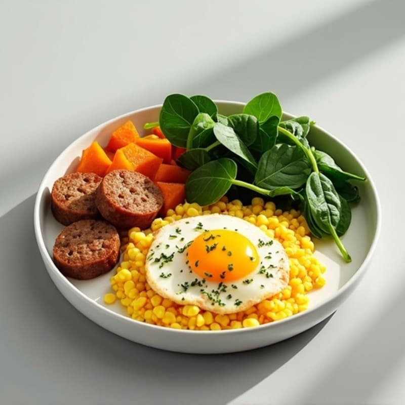 Egg White and Turkey Sausage Scramble with Spinach and Roasted Sweet Potato