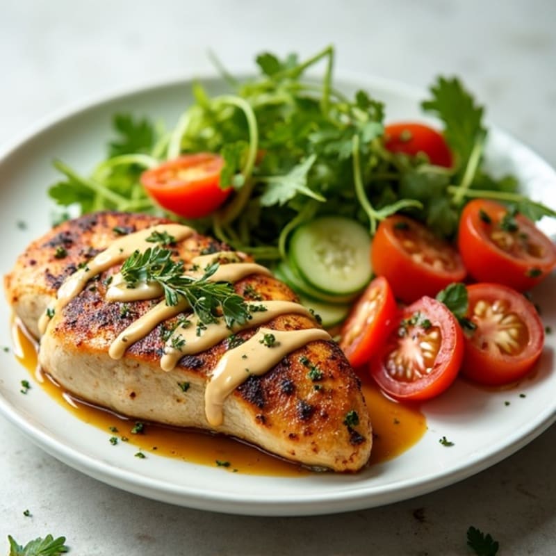 Herb-Roasted Chicken with Creamy Tahini Drizzle and Fresh Cucumber Tomato Salad