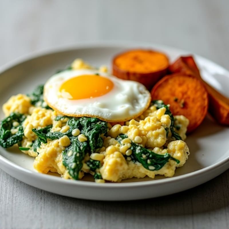 Creamy Cottage Cheese Scramble with Fresh Spinach and Roasted Sweet Potatoes