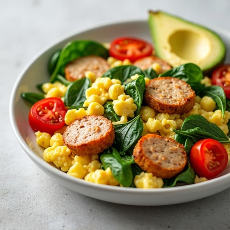 Egg White and Turkey Sausage Scramble with Spinach and Tomatoes
