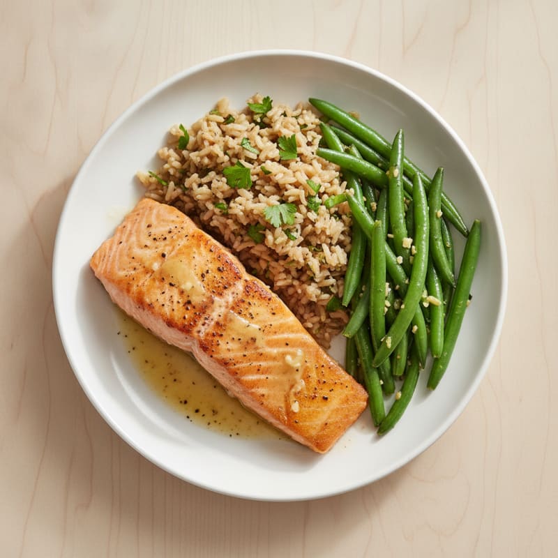 Seared Salmon Fillet with Garlic Green Beans and Herb Rice