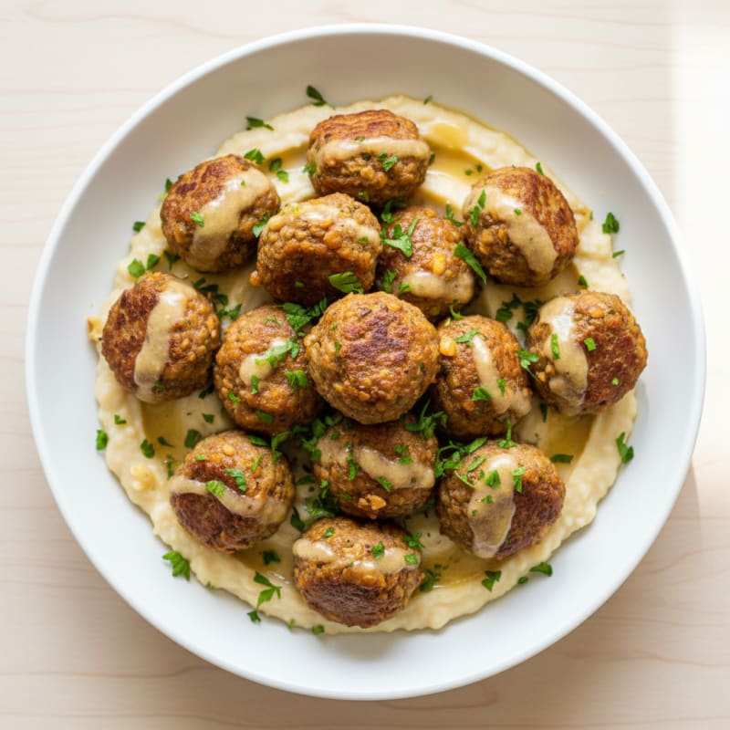Lentil Walnut Meatballs with Creamy White Bean Mash