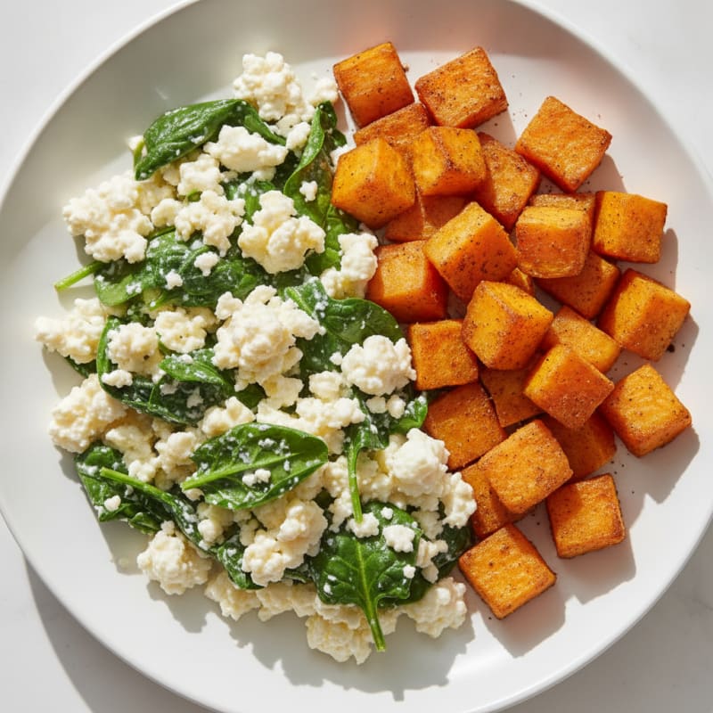 Cottage Cheese Scramble with Spinach and Roasted Sweet Potatoes