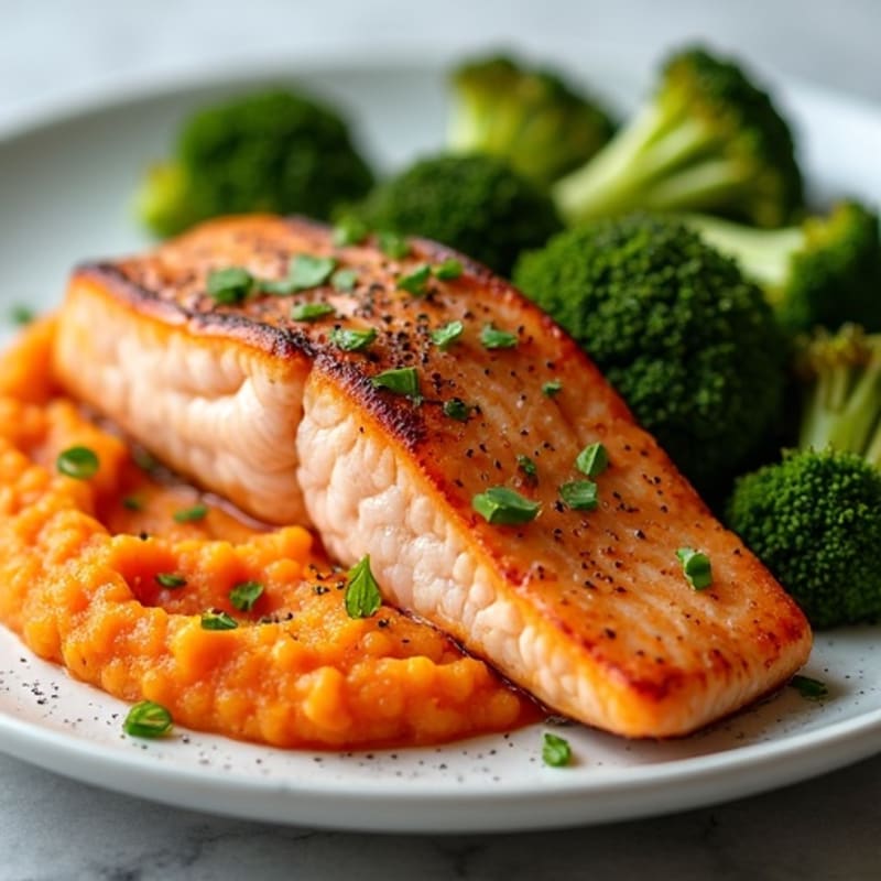 Seared Salmon Fillet with Roasted Broccoli and Sweet Potato Mash