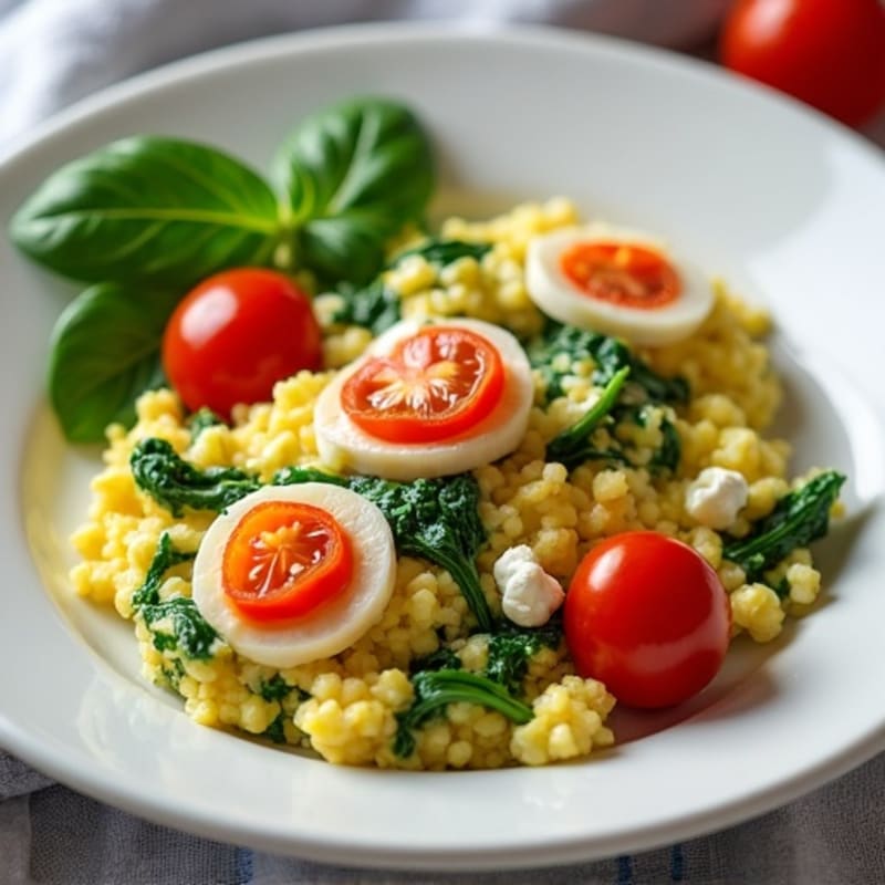 Egg White Spinach Scramble with Cottage Cheese and Cherry Tomatoes