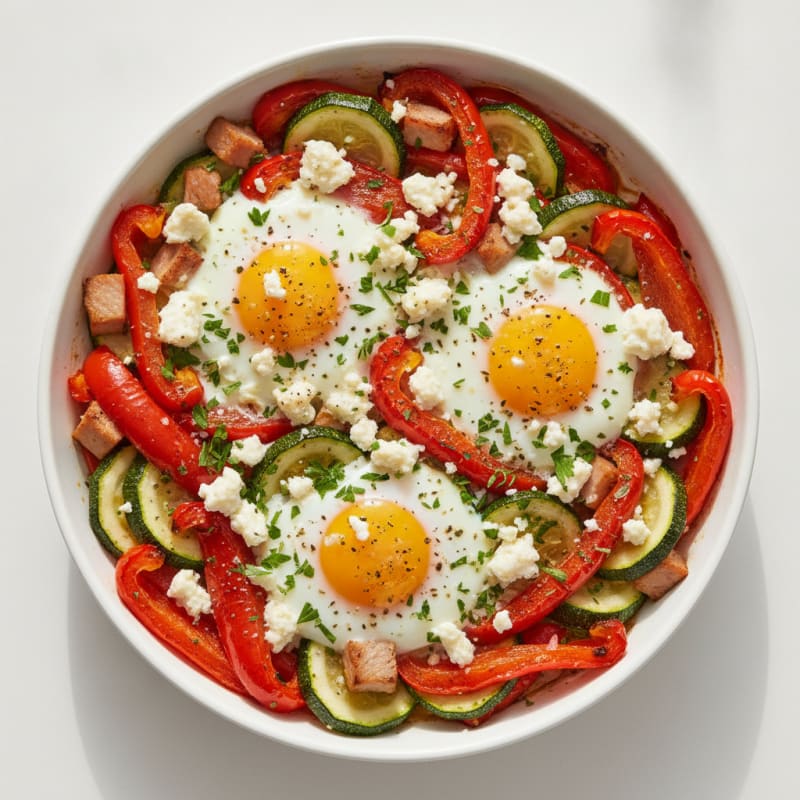 Mediterranean Baked Eggs with Roasted Peppers and Zucchini