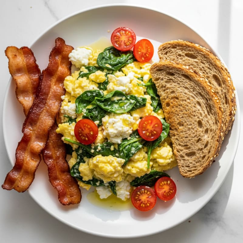 Cottage Cheese and Egg Scramble with Spinach and Turkey Bacon