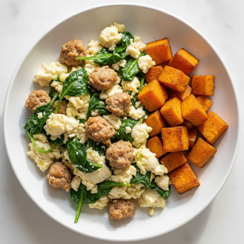 Egg White and Turkey Sausage Scramble with Spinach and Roasted Sweet Potato