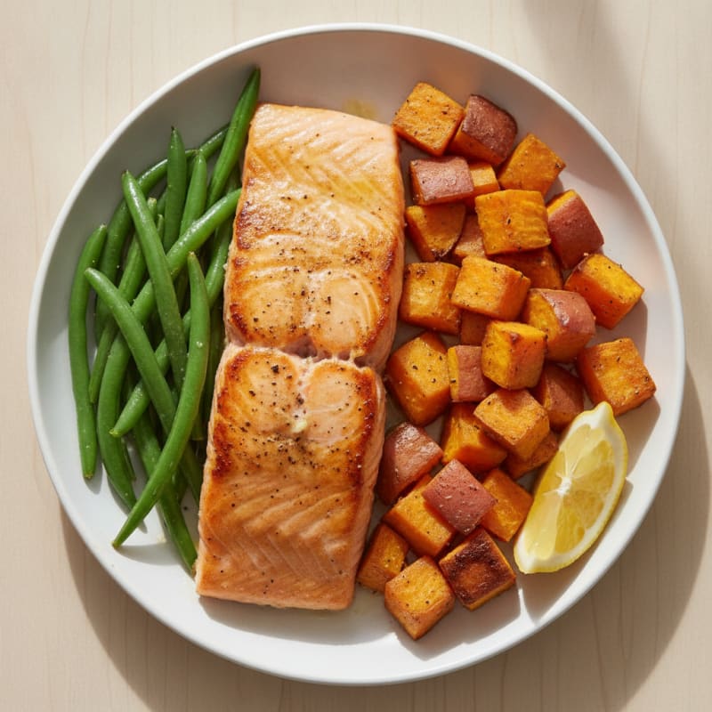Seared Salmon with Roasted Sweet Potato and Green Beans