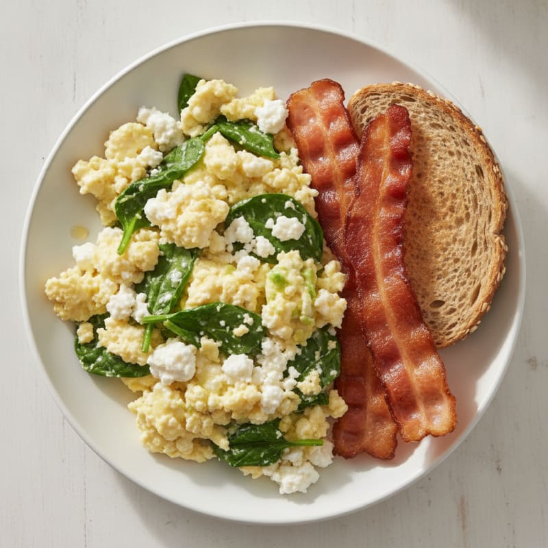 Cottage Cheese Scramble with Spinach and Turkey Bacon