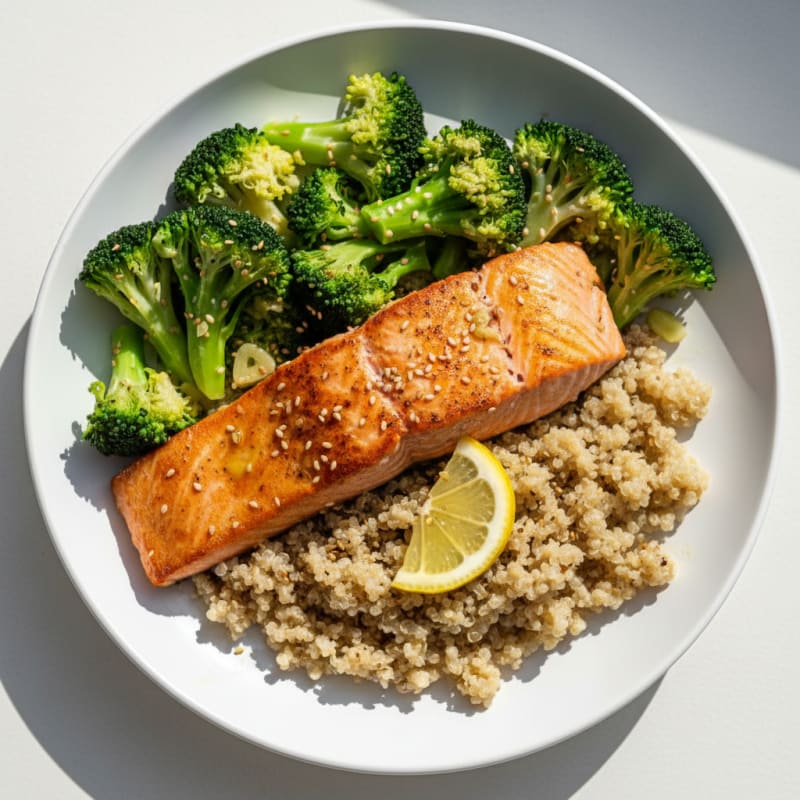 Seared Salmon with Steamed Broccoli and Quinoa