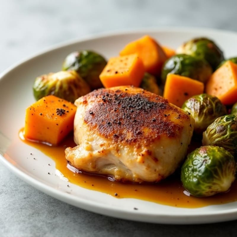 Baked Chicken Thighs with Cinnamon-Spiced Sweet Potatoes and Crispy Brussels Sprouts