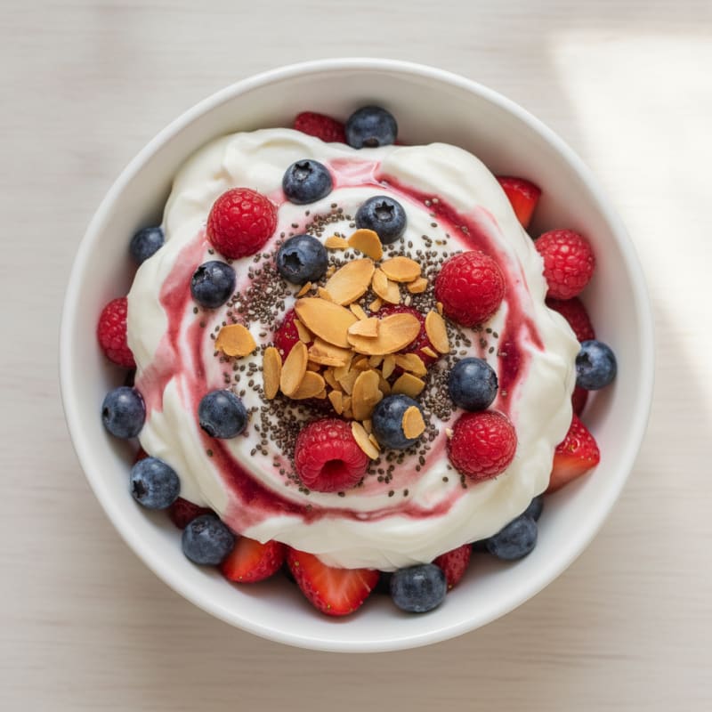 Protein Greek Yogurt Parfait with Mixed Berries and Chia Seeds