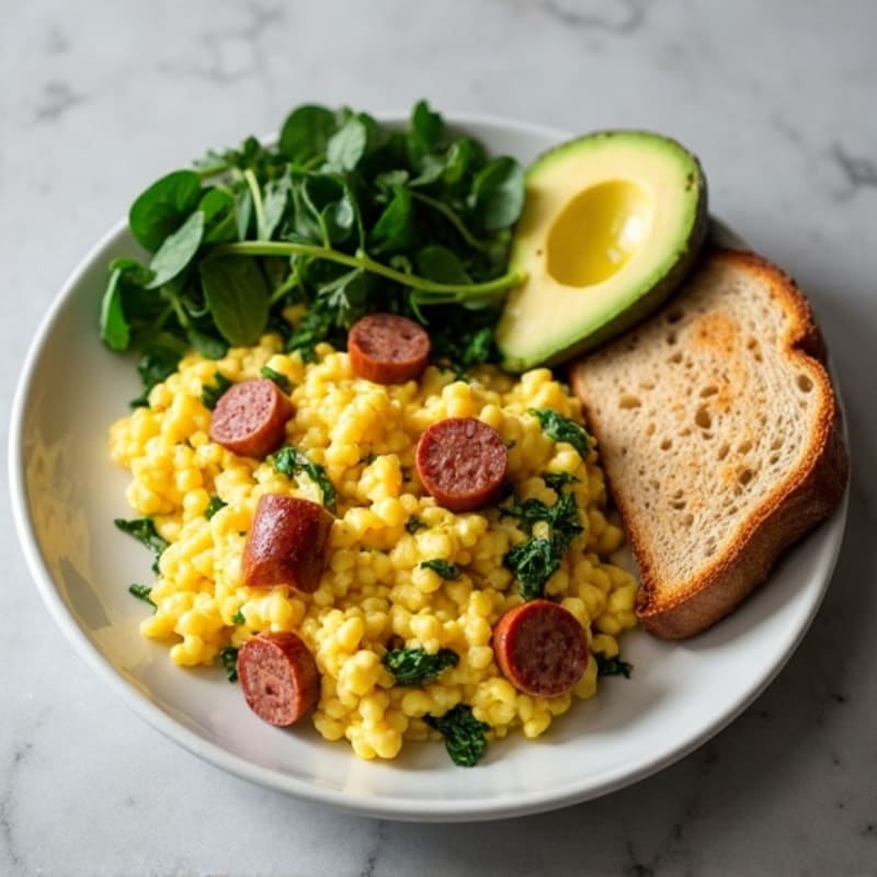 Egg White Scramble with Turkey Sausage and Sautéed Spinach