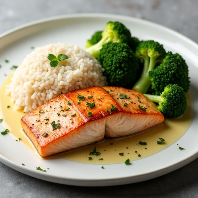 Seared Salmon with Garlic Broccoli and Jasmine Rice