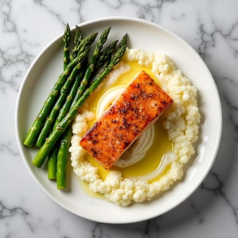 Seared Salmon with Steamed Asparagus and Cauliflower Mash