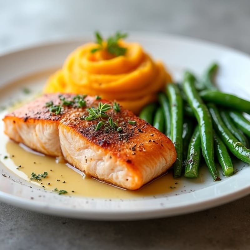 Seared Salmon with Garlic Green Beans and Mashed Sweet Potato