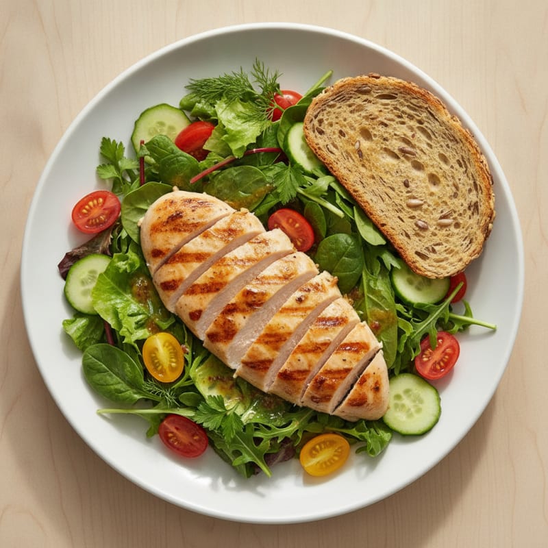 Grilled Chicken Salad with Seeded Bread and Mixed Vegetables