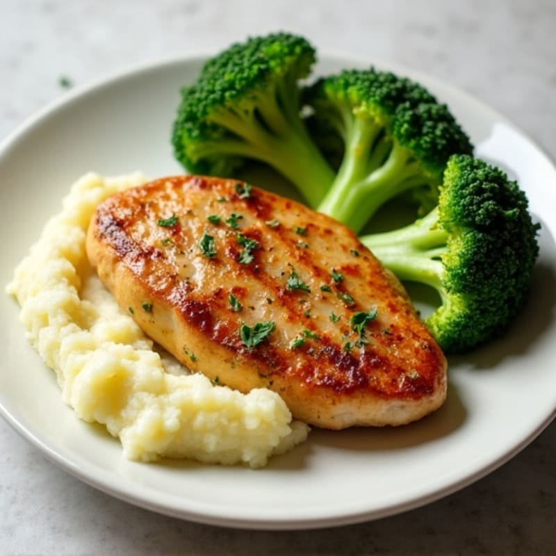Seared Chicken Breast with Garlic Mashed Potatoes and Steamed Broccoli