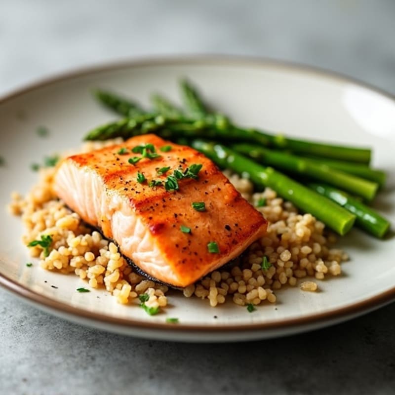 Seared Salmon Fillet with Steamed Asparagus and Brown Rice