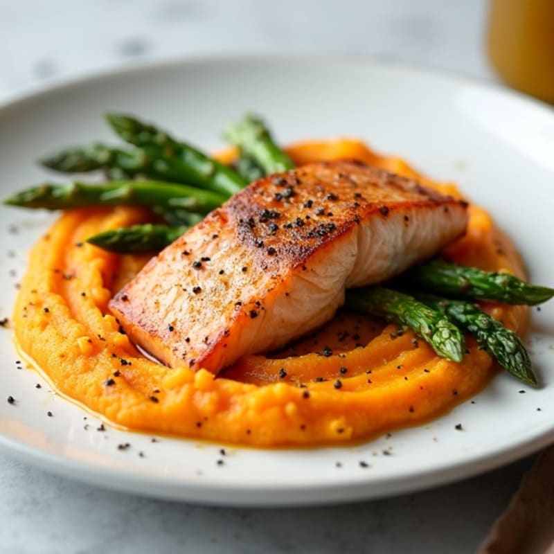 Seared Salmon with Steamed Asparagus and Sweet Potato Mash